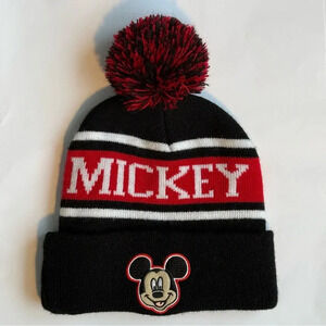 Disney Mickey Mouse Winter Hat Beanie Pom Pom Black / Red